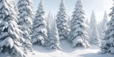 The primary subject of the image is a snowy forest with snow-covered pine trees. The setting is a winter landscape with snow-covered trees and a snowy ground. The visual style is a digital art or illustration, creating a realistic and serene atmosphere. The dominant colors are white and gray, representing the snow and the trees, while the overall mood is calm and peaceful.